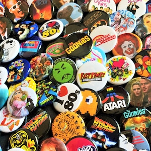 80s style (5 pack) pinback buttons, Mystery Scoop, 80s pins, 80s Party, 80s Buttons