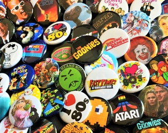 80s style (5 pack) pinback buttons, Mystery Scoop, 80s pins, 80s Party, 80s Buttons