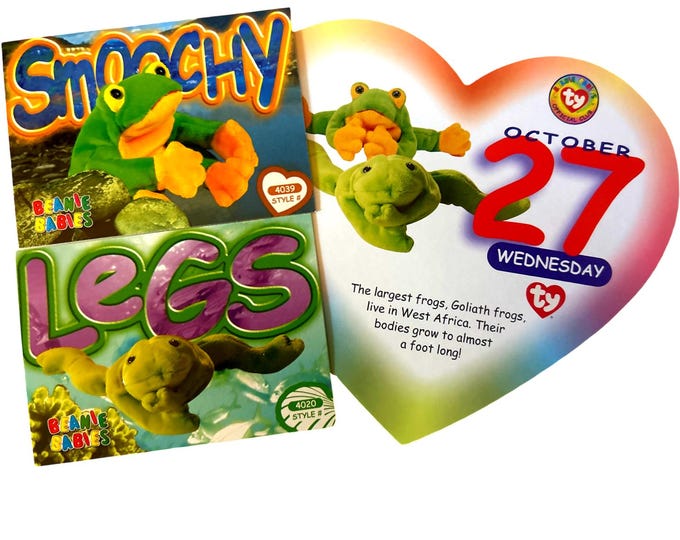 Beanie of the Day (October 27th) Smoochy and Legs Froggies, Beanie Baby Birthday Telegram Treat, Stocking Stuffers, 90s gifts