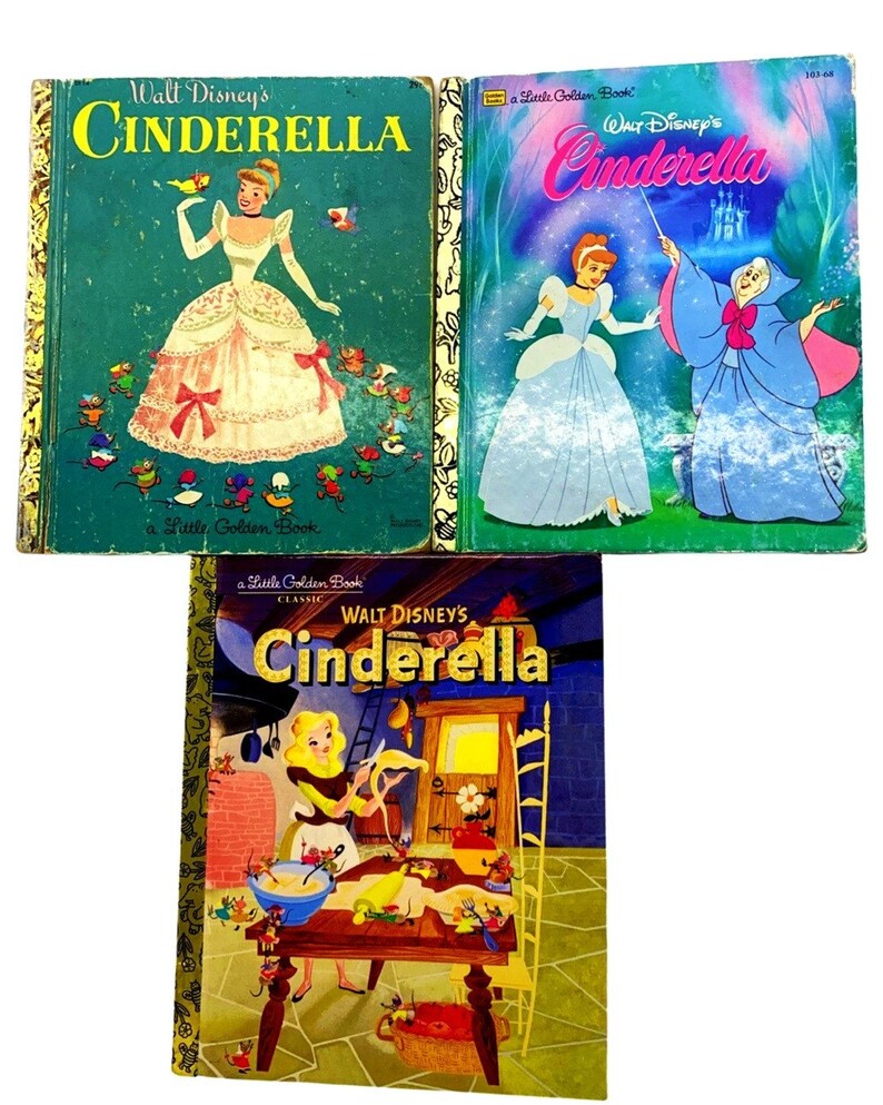 May include: Three vintage Little Golden Books featuring Walt Disney's Cinderella. The covers depict Cinderella in different scenes from the story, including her in a ball gown, with her fairy godmother, and in the kitchen.