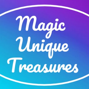 May include: White text on a blue and purple gradient background in an oval shape reads "Magic Unique Treasures".