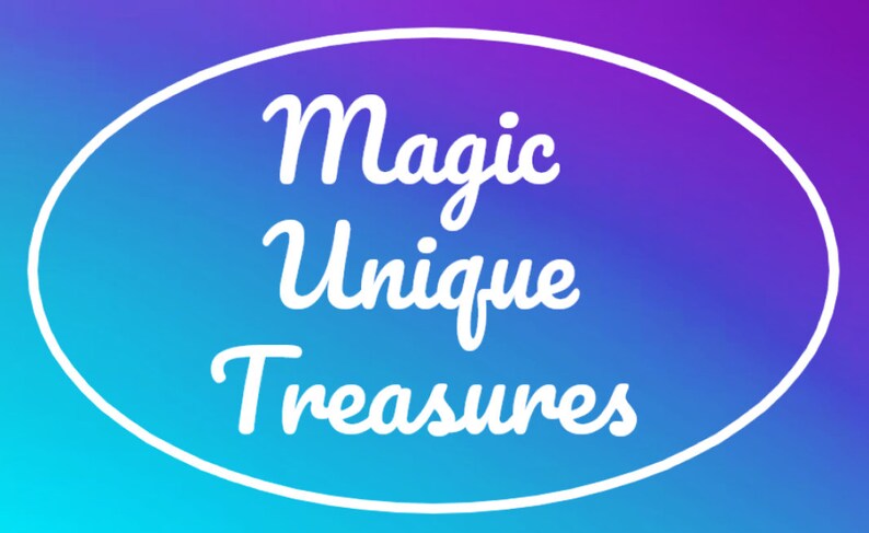 May include: White text on a blue and purple gradient background in an oval shape reads "Magic Unique Treasures".