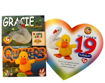 Beanie of the Day (October 19th) Gracie Swan and Quackers the Duck, Beanie Baby Birthday Telegram Treat, Stocking Stuffers, 90s gifts
