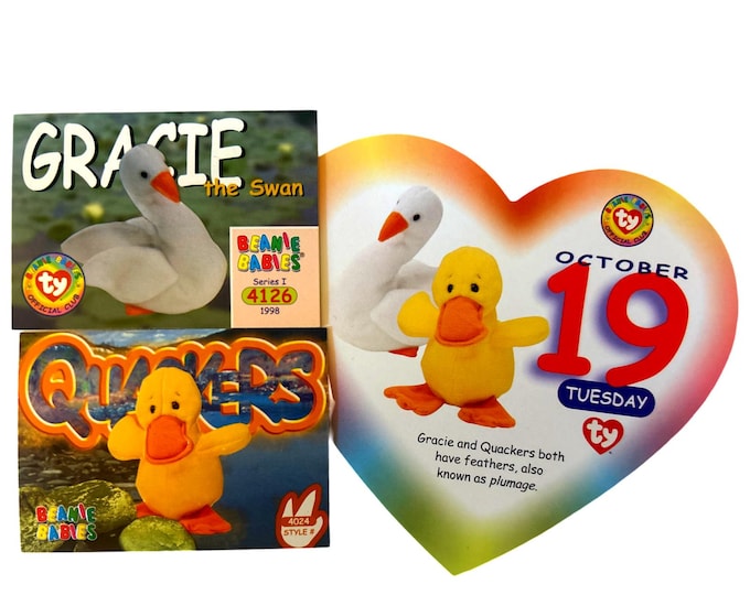 Beanie of the Day (October 19th) Gracie Swan and Quackers the Duck, Beanie Baby Birthday Telegram Treat, Stocking Stuffers, 90s gifts
