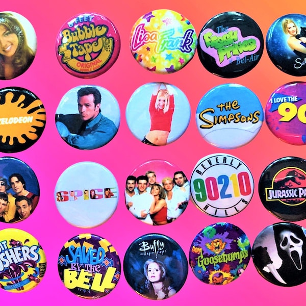 90s Style Buttons, 90s Party favors, Choose One Pinback button, 90s gift ideas, y2k, 90s pins, 90210