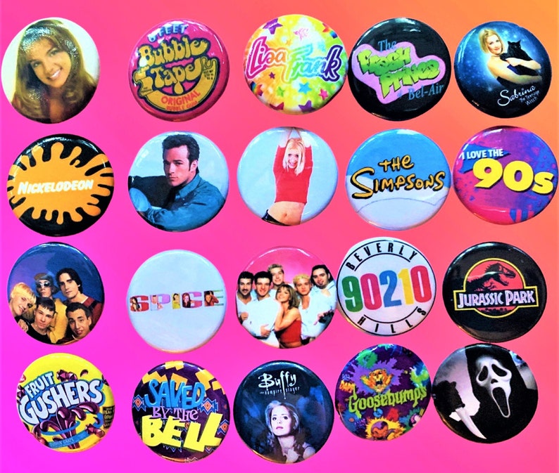 90s Style Buttons, 90s Party favors, Choose One Pinback button, 90s gift ideas, y2k, 90s pins, 90210 image 1