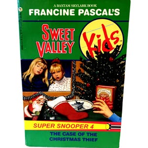 May include: A green book cover with the title "Sweet Valley Kids" and the subtitle "Super Snooper 4: The Case of the Christmas Thief". The cover features a Christmas tree, a stocking, and two girls looking out a window.
