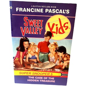 May include: A purple and yellow book cover with the title "Sweet Valley Kids" and the subtitle "Super Snooper 5: The Case of the Hidden Treasure". The cover features an illustration of five children looking at a map.