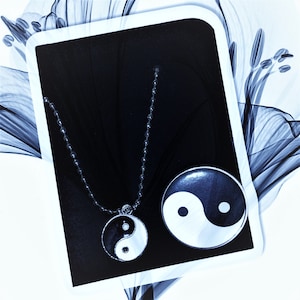 May include: A silver chain necklace with a yin yang pendant. The pendant is black and white with a silver outline. The necklace is on a black background.