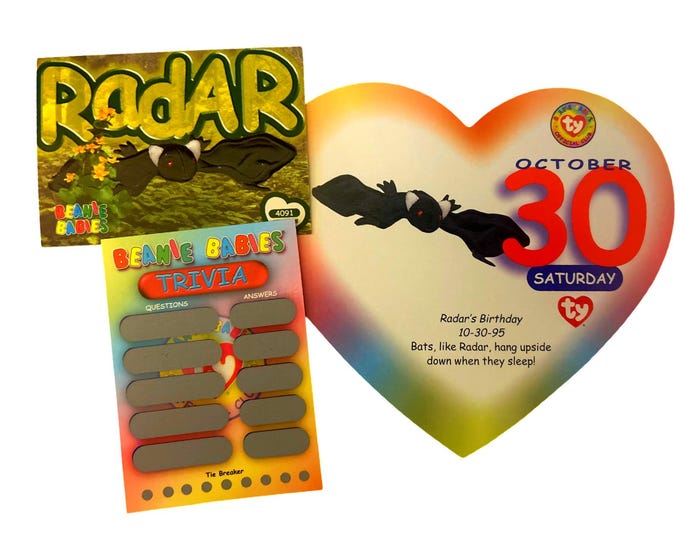 Beanie of the Day (October 30th) Radar the Bat, Beanie Baby Birthday Telegram Treat, Stocking Stuffers, 90s gifts