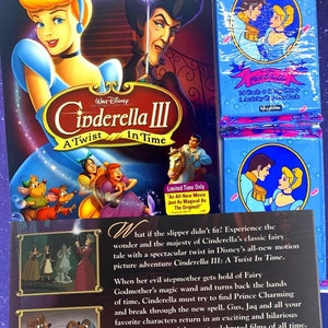 May include: A DVD cover for the animated movie Cinderella III: A Twist in Time. The cover features Cinderella and Prince Charming in a romantic pose, with a blue background and the movie title in gold lettering.