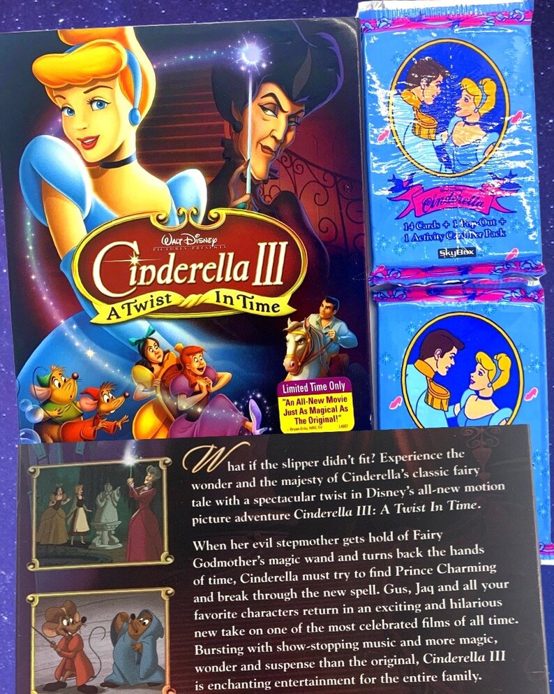 May include: A DVD cover for the animated movie Cinderella III: A Twist in Time. The cover features Cinderella and Prince Charming in a romantic pose, with a blue background and the movie title in gold lettering.