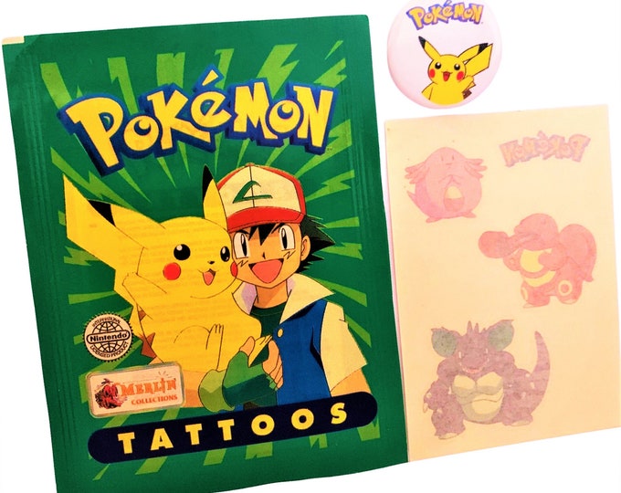 Pokémon Tattoos (1995), One Sealed Pack, Button and Bonus Tattoo, Party Favors, Retro Gifts, Birthday Gift Ideas