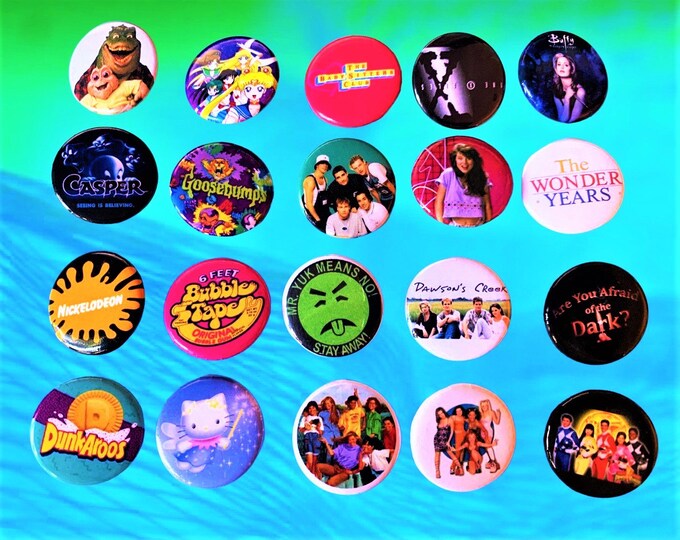 90s buttons (20 pack), 90s party, y2K, Nostalgic Gifts, Party favors, 90s gifts