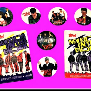 1989 Vintage New KIDS on the BLOCK 6 Button Set Plus Two Trading Card Packs