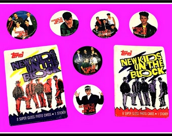 1989 Vintage New KIDS on the BLOCK 6 Button Set Plus Two Trading Card Packs