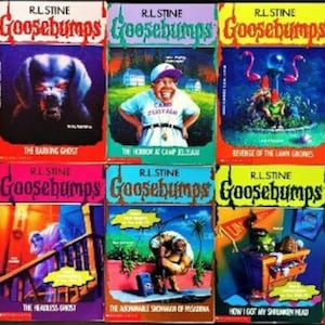 Pode incluir: Uma cole&ccedil;&atilde;o de dez livros Goosebumps de R.L. Stine. As capas apresentam v&aacute;rias ilustra&ccedil;&otilde;es assustadoras, incluindo um fantasma que late, uma m&aacute;scara assombrada e um gnomo de jardim.