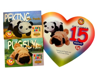 Beanie of the Day (October 15th) Pugsly the Dog, Peking the Panda, Beanie Baby Birthday Telegram Treat, Stocking Stuffers, 90s gifts
