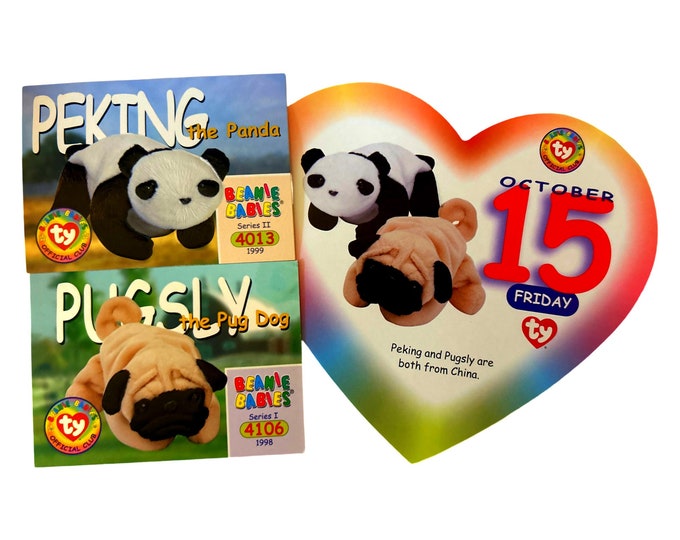 Beanie of the Day (October 15th) Pugsly the Dog, Peking the Panda, Beanie Baby Birthday Telegram Treat, Stocking Stuffers, 90s gifts