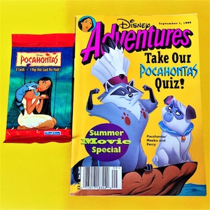 1 de septiembre de 1995, revista de aventuras de Disney, nostalgia de los 90, vintage, regalos de cumpleaños, paquete de cartas coleccionables, Pocahontas