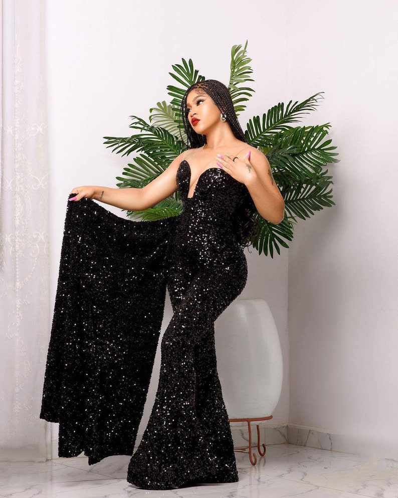 Black Sequin Jumpsuit With Detachable Cape Prom Wear African Etsy