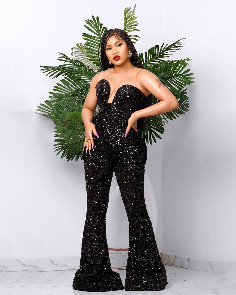Black Sequin Jumpsuit With Detachable Cape Prom Wear African Etsy