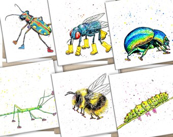 May include: Set of six greeting cards featuring colorful illustrations of insects wearing rain boots. The insects include a stick insect, a bumblebee, a caterpillar, a fly, a beetle, and a ladybug.