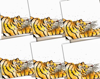 May include: Set of six blank greeting cards featuring a watercolor illustration of a tiger lying down. The tiger is orange and black with white stripes. The cards are white with a subtle speckled texture.
