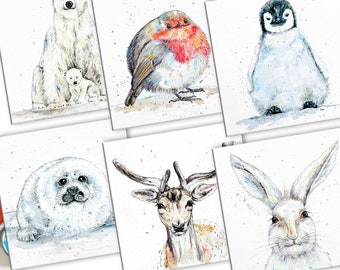 Christmas Card Set | Christmas Animals | Set of 6 | Watercolour Animals | Recycled | Animal Selection 01