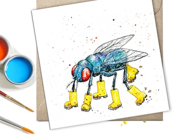 May include: A watercolor illustration of a blue fly wearing yellow rain boots. The fly is walking on a white background with small orange and brown dots.