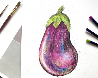 May include: Watercolor painting of a vibrant eggplant. The artwork features a deep purple eggplant with green stem and leaves. Splatter effects add texture. Paintbrushes and colored pencils are visible in the background.