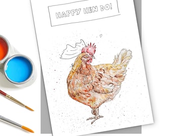 May include: A white card with the text "HAPPY HEN DO!" in black lettering. A cartoon illustration of a brown hen wearing a white party hat and a brown tag with the letter "L" on it. The hen is standing on a white background with small black dots.