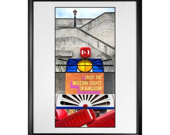 May include: A collage of images featuring a building with stairs, a blue and yellow stained glass window, a sign that reads "Enjoy the Welcome Sights in Kingston", a white and black wheel, and two red phone booths.