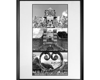 May include: A black and white photograph of a wrought iron gate with a decorative top. The gate is closed and there is a building in the background.