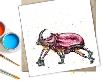 May include: A watercolor painting of a rhinoceros beetle wearing boots. The beetle is pink and brown with a large horn on its head. The boots are green and black.