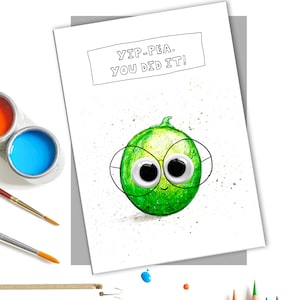May include: A green pea with googly eyes and glasses, smiling and saying "Yip-Pea. You Did It!" in a speech bubble. The background is white with small green dots.