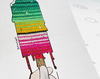 May include: A hand holds a melting popsicle with green, yellow, and pink stripes. The popsicle is dripping red and has a wooden stick. The text "JokmyArt" is written on the side of the popsicle.