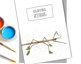 May include: A white card with black text that reads "CLEVER STICK." A stick insect with green shoes is illustrated on the card.