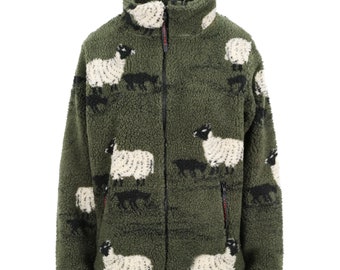 May include: A green fleece jacket with a white sheep pattern. The jacket has a zipper closure and two pockets.