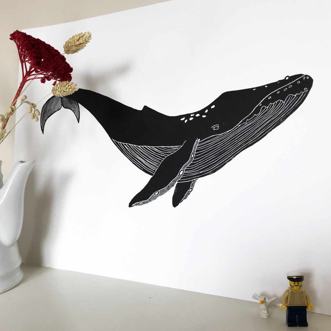 Blue whale original linocut handmade gift idea wall decoration | Etsy