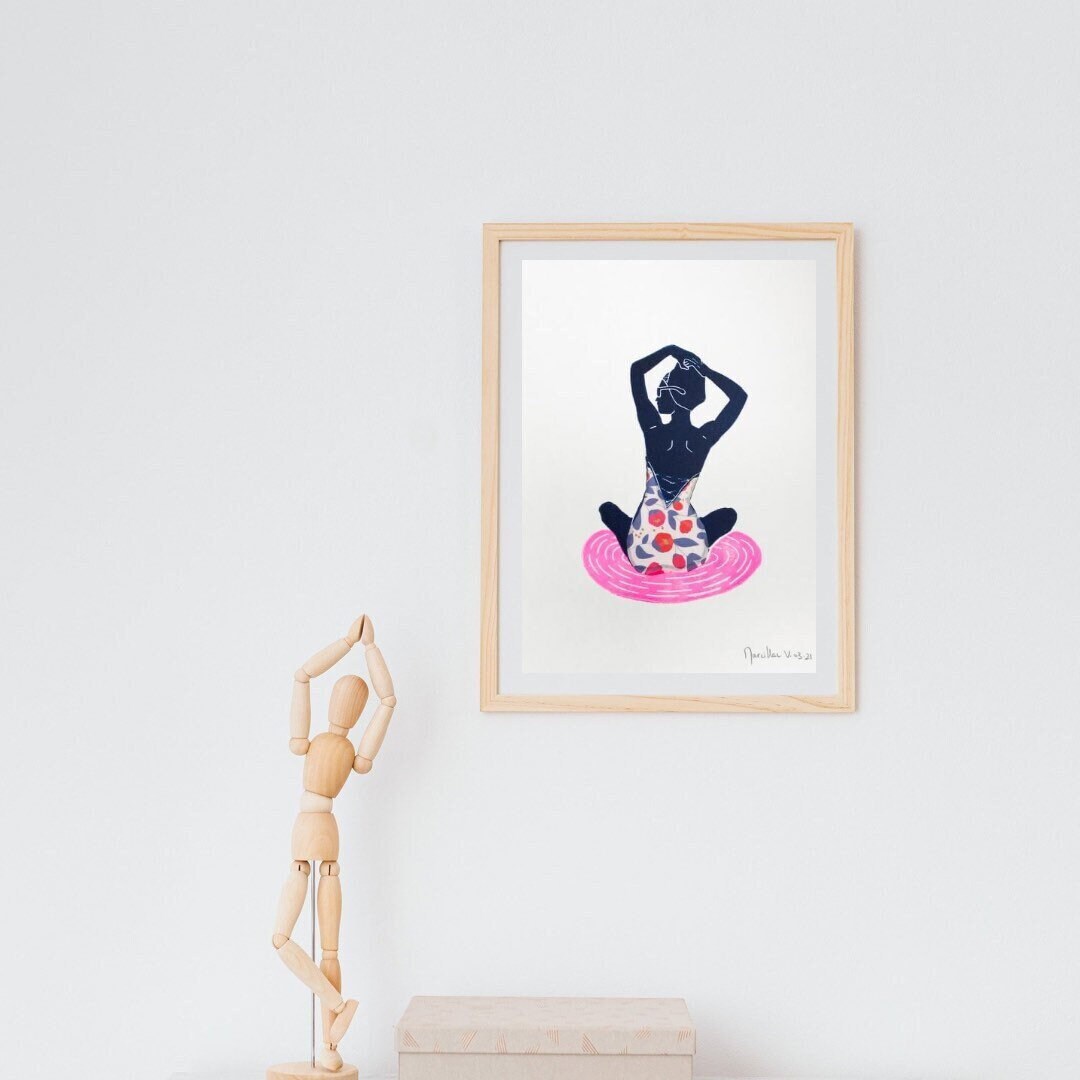 Baigneuse Linogravure Collage Fait Main Idée Cadeau Déco Murale