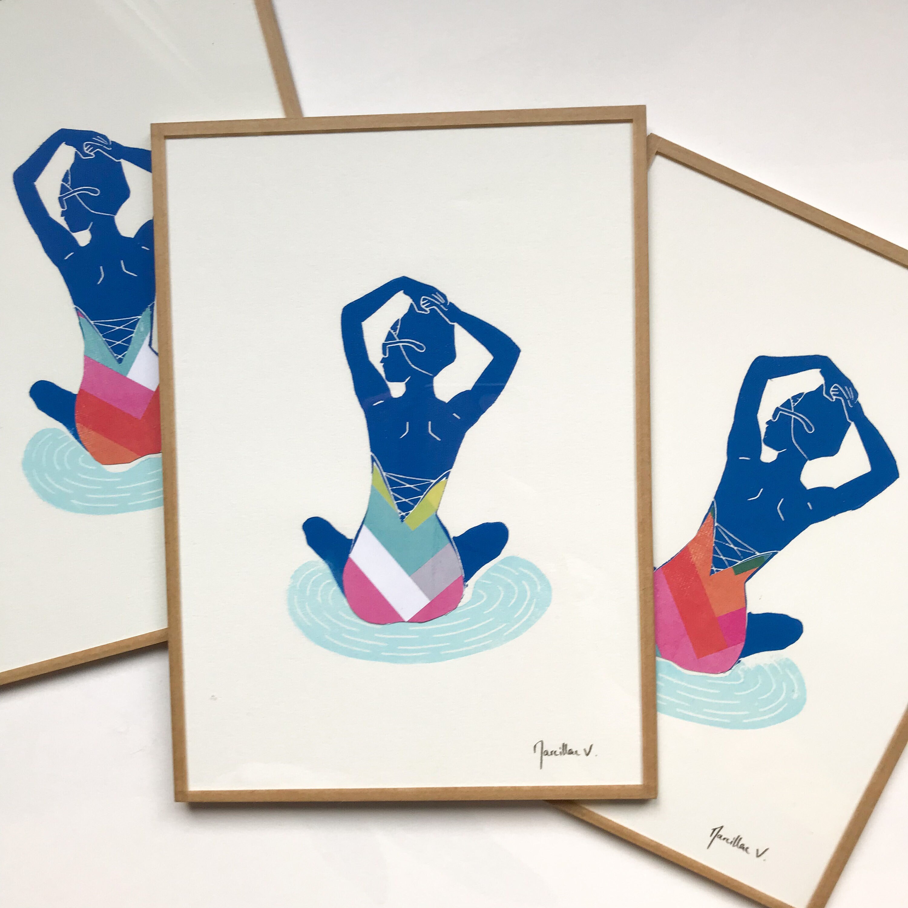 Baigneuse Linogravure Collage Fait Main Idée Cadeau Déco Murale