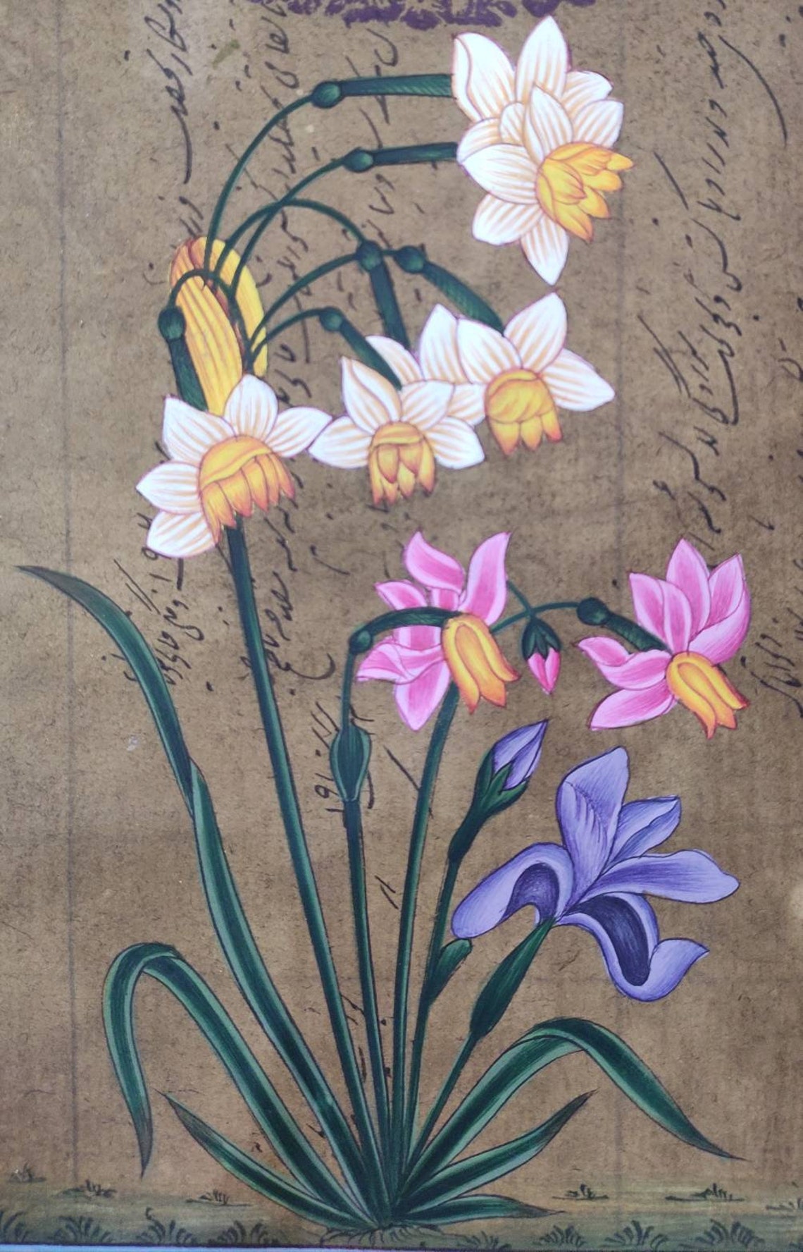 Indian Miniature Painting, Flower Painting, Traditional Art, Gold
