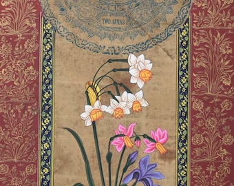 Indian Mughal Flower Painting, Traditional Gold Border Art