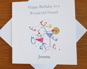 Birthday card, Happy Birthday, Friend, cocktails, Personalised, made to order