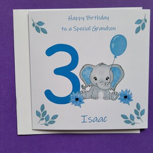 Happy Birthday, Relation, Male Birthday, Son, Grandson, Nephew, Godson, cute elephant, Child age 3 birthday card, personalised
