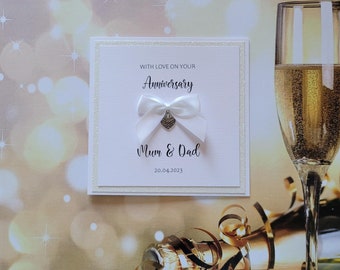 Personalized Mum & Dad Anniversary Card: Filigree Heart, Satin Bow