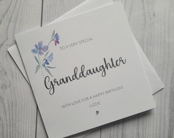 Personalized Granddaughter Birthday Card: Floral Diamante Embellishment