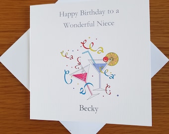 Birthday card, Happy Birthday, Niece, cocktails, Personalised, made to order