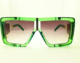 Neon Green Square Frame Sunglasses: Gold Trim, Side Blinder Lens